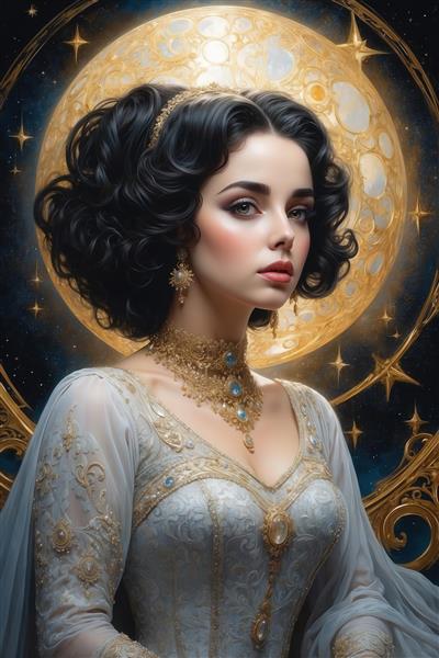 عکس زن با لباس سفید و طلایی و گردنبند فیروزه‌ای برای تابلو