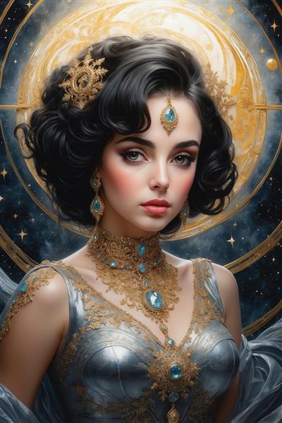 طرح زن با لباس نقره‌ای و جواهرات فیروزه‌ای برای دکوراسیون