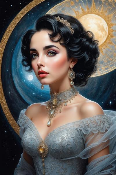 پرتره زن با لباس توری آبی و جواهرات مرواریدی برای پوستر