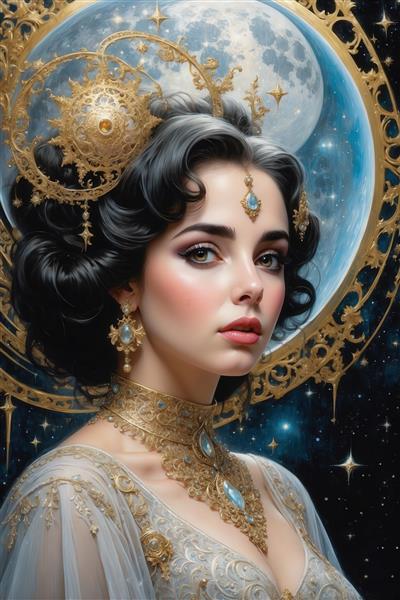 عکس زن زیبا با تاج و گردنبند طلایی و ماه بزرگ آبی برای چاپ