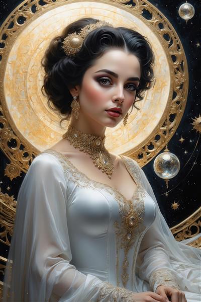 تصویر بانوی اشرافی با لباس سفید و جواهرات طلایی برای تابلو