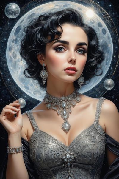 طرح زن با جواهرات نقره‌ای و لباس طوسی در کنار ماه مهتابی