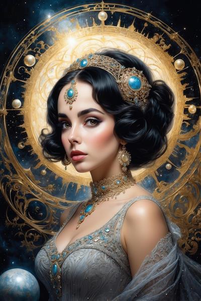 عکس زن با تاج و گردنبند فیروزه‌ای در قاب طلایی برای روتختی