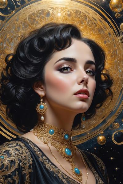 پرتره بانوی زیبا با گردنبند فیروزه‌ای و طلایی برای دکور