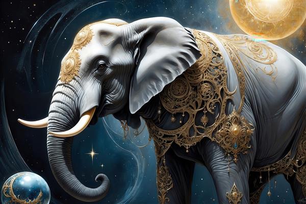 تصویر فیل فانتزی با تزیینات طلایی فراوان برای چاپ پرده