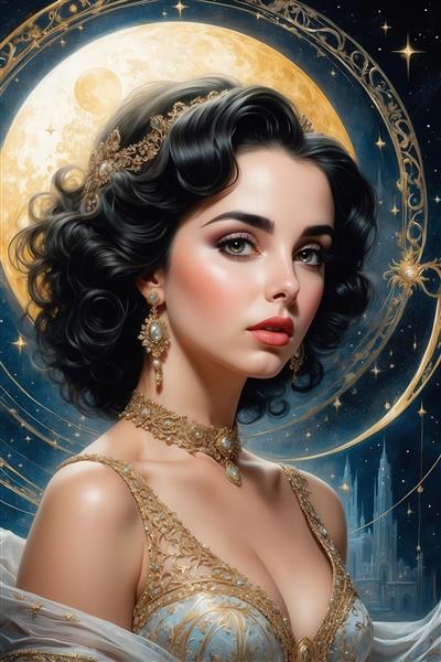 طرح پرتره زن با موهای موج‌دار و جواهرات طلایی برای تابلو