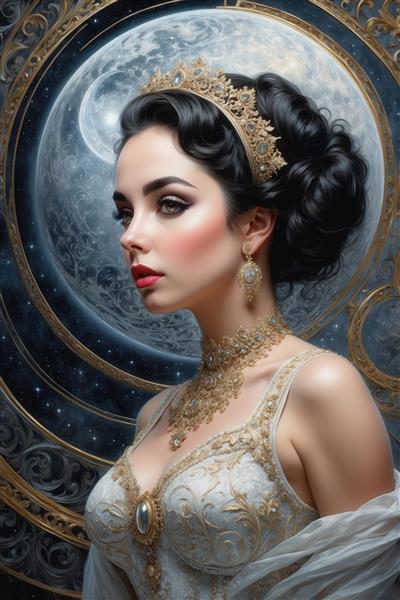 عکس زن با لباس سفید و تاج طلایی در کنار ماه بزرگ برای چاپ
