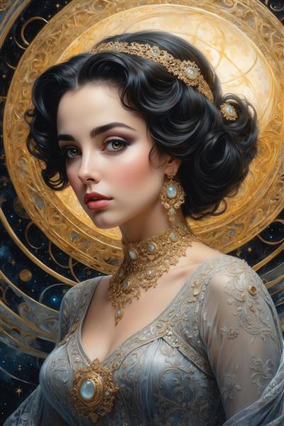تصویر زن شیک با لباس و جواهرات طوسی و طلایی برای دکوراسیون
