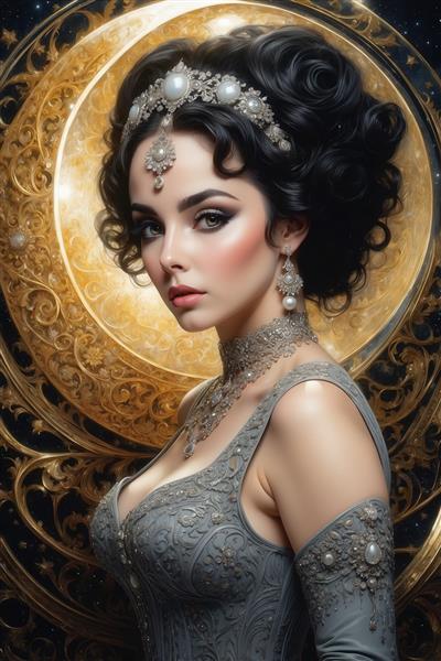 پرتره بانوی زیبا با تاج نقره‌ای مرواریدی در پس‌زمینه طلایی