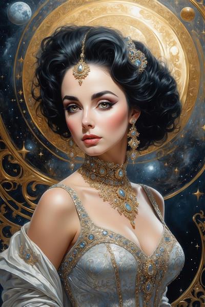 عکس زن با لباس طلایی و سفید با موهای جمع‌شده برای پوستر