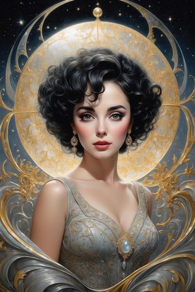 تصویر بانوی کلاسیک با لباس خاکستری و جواهرات مروارید برای تابلو