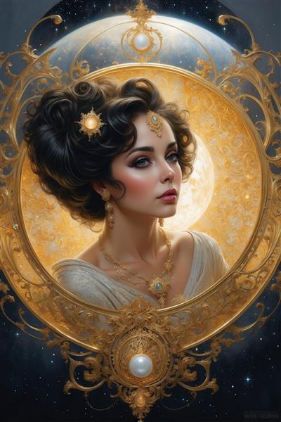 عکس زن زیبا با موهای جمع‌شده در قاب دایره‌ای طلایی سلطنتی