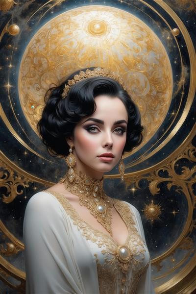 تصویر بانوی اشرافی با آرایش کلاسیک و پس‌زمینه طلایی تاریک