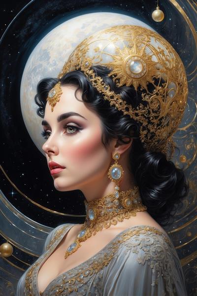 پرتره زن سلطنتی با کلاه طلایی و ماه کامل برای دکور خانه