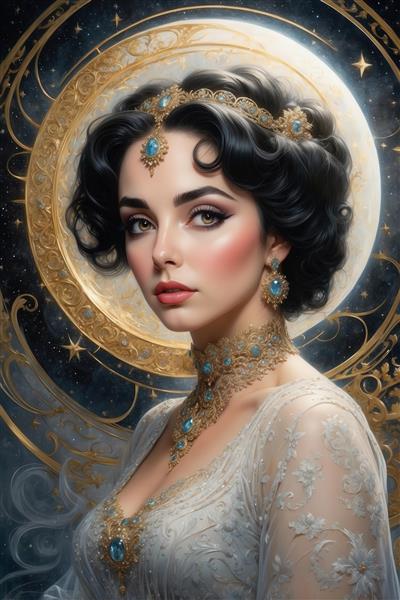 تصویر بانوی زیبا با جواهرات فیروزه‌ای و پس‌زمینه مهتابی