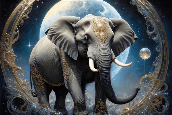 طرح فیل با ابهت خاکستری فانتزی با ماه آبی برای روتختی