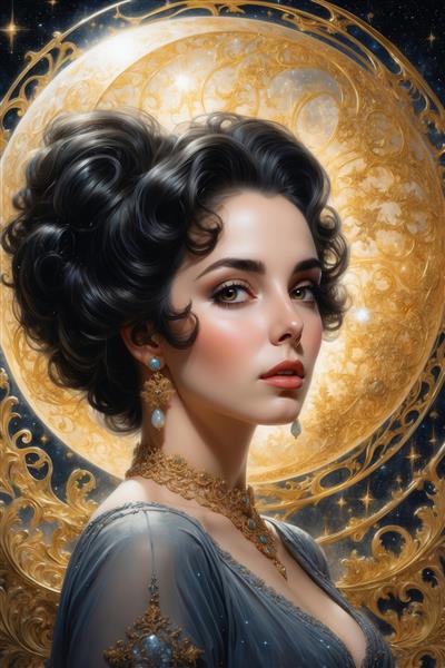 عکس پرتره زن کلاسیک با موهای فر در پس‌زمینه ماه طلایی