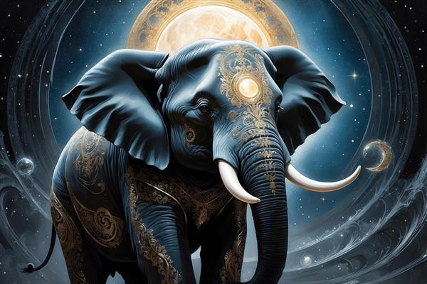 تصویر فیل با ابهت فانتزی در کهکشان با ماه طلایی برای چاپ