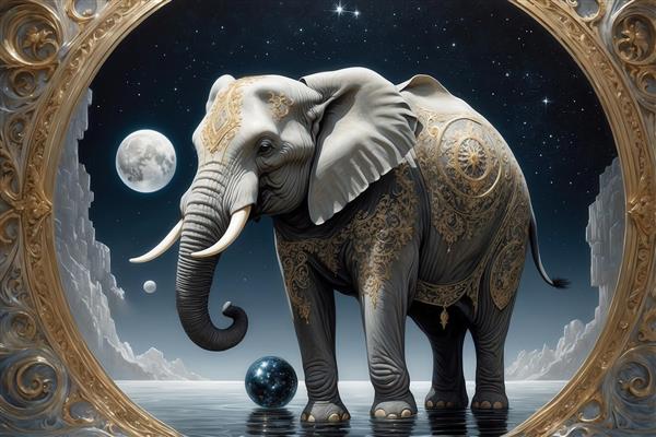 طرح فیل تزیین‌شده کلاسیک در قاب طلایی برای تابلو پذیرایی