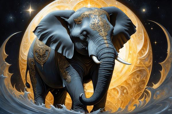 عکس فیل باشکوه فانتزی با تزیینات طلایی برای پوستر دیواری