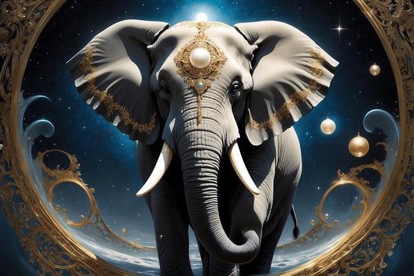 عکس فیل سفید با تزئینات طلایی و مروارید در آسمان شب برای تابلو دکوراتیو