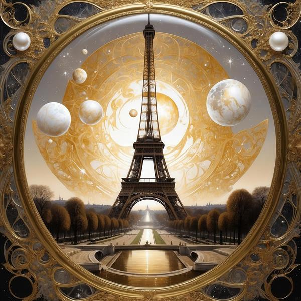 طرح برج ایفل فانتزی با ماه و کره‌های سفید در قاب طلایی گرد برای روتختی