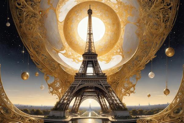 عکس برج ایفل فانتزی با هاله‌ی طلایی و کره‌های آویزان برای پوستر دیواری