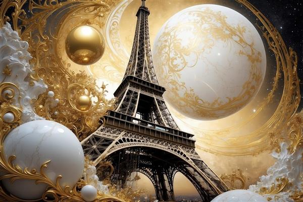 طرح برج ایفل فانتزی با ماه سفید و کره‌های طلایی برای چاپ روی بوم