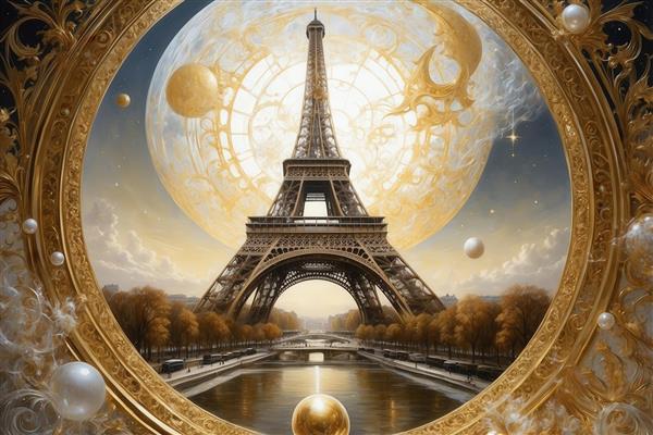 تصویر برج ایفل فانتزی با ماه بزرگ طلایی در قاب گرد برای تابلو دکوراتیو