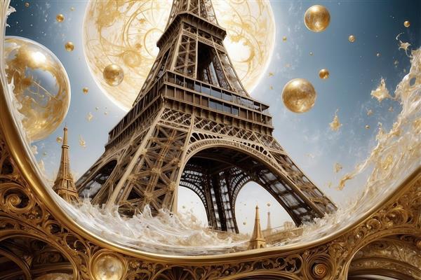 عکس برج ایفل فانتزی با حباب‌های طلایی و کره‌ی آسمانی بزرگ برای چاپ کوسن