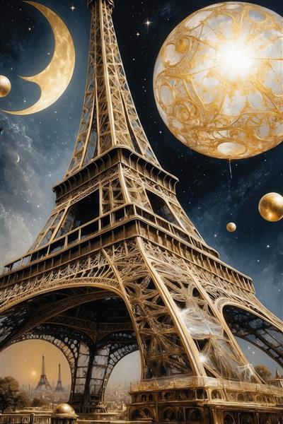 طرح برج ایفل فانتزی با هلال ماه و کره طلایی بزرگ در آسمان شب برای پرده