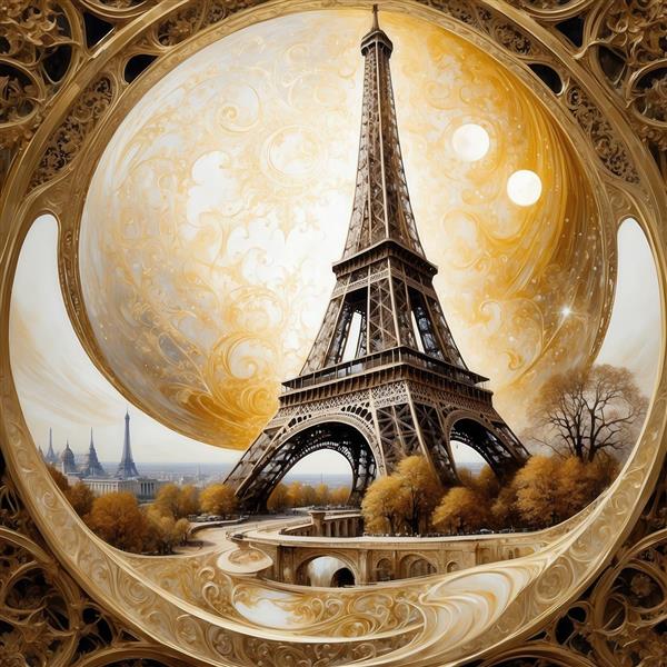 تصویر برج ایفل فانتزی با ماه طلایی بزرگ در قاب گرد لوکس برای پوستر دیواری