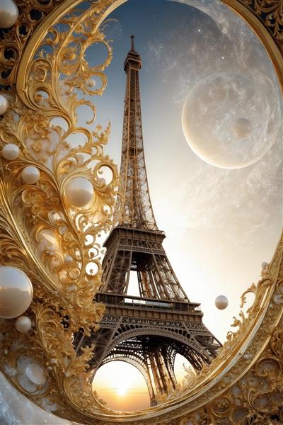 عکس برج ایفل فانتزی در قاب طلایی بیضی با مروارید و ماه برای چاپ روتختی