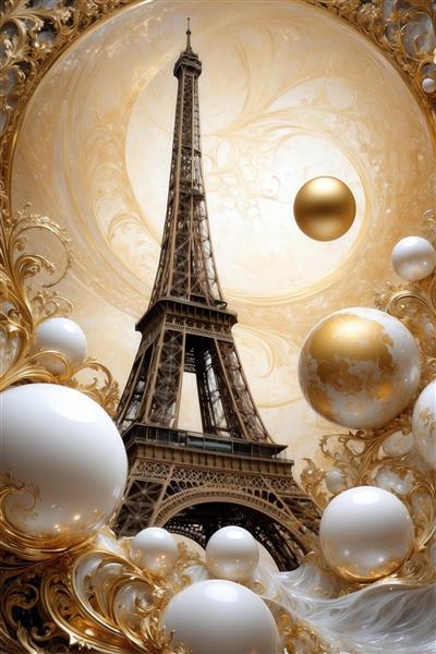 طرح برج ایفل فانتزی با کره‌های سفید و طلایی بزرگ در قاب برای تابلو لوکس