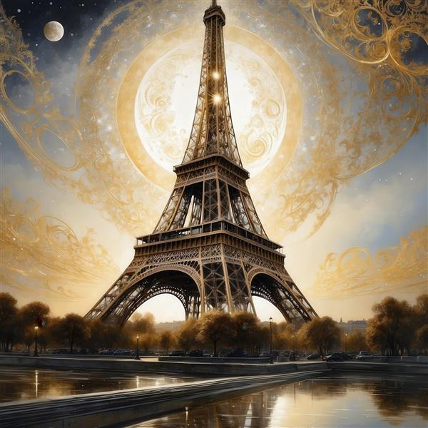 تصویر برج ایفل فانتزی با ماه کامل بزرگ طلایی در آسمان ابری برای پرده