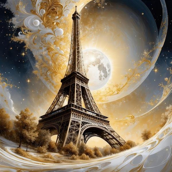 عکس برج ایفل فانتزی در فضای گردابی طلایی و سفید برای چاپ کوسن