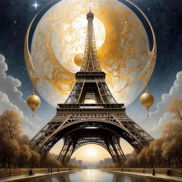 طرح برج ایفل فانتزی با ماه هلالی بزرگ و حباب‌های طلایی برای پوستر دیواری