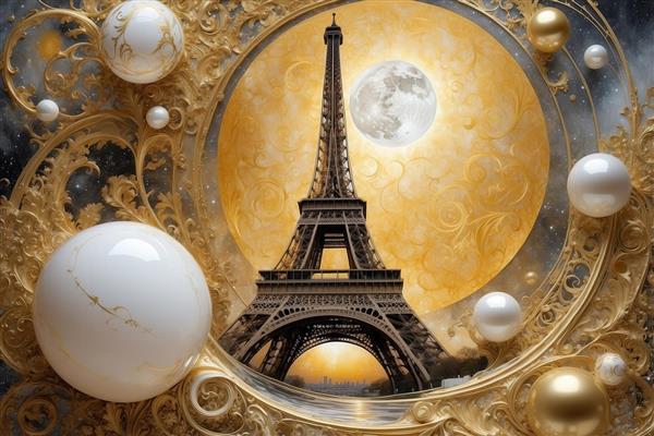 تصویر برج ایفل فانتزی در قاب گرد طلایی با ماه و مروارید برای چاپ روتختی