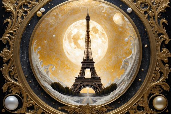 عکس برج ایفل فانتزی در قاب طلایی لوکس با ماه بزرگ برای تابلو دکوراتیو
