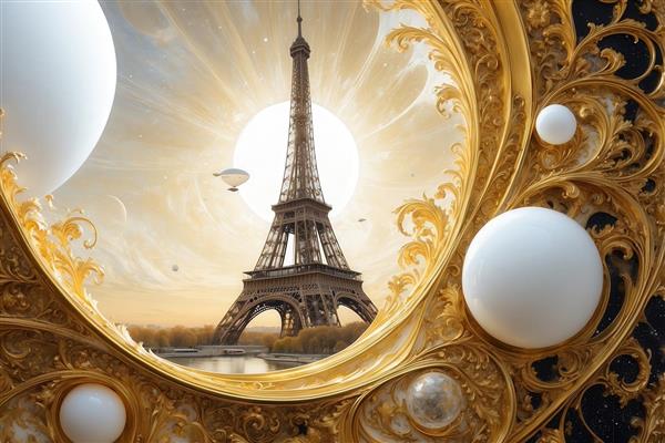 طرح برج ایفل فانتزی در قاب طلایی با بالون و کره‌های سفید برای پرده چاپی