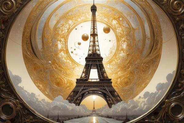 تصویر برج ایفل فانتزی در قاب گرد طلایی با حباب‌های زرد برای چاپ روی بوم