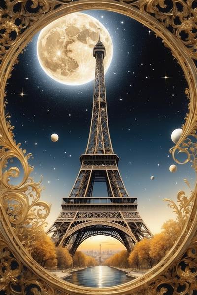 طرح برج ایفل فانتزی با ماه بزرگ کامل و قاب طلایی بیضی برای چاپ روتختی