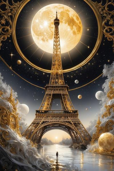 تصویر برج ایفل فانتزی در قاب بیضی طلایی با ماه کامل در آسمان شب برای تابلو