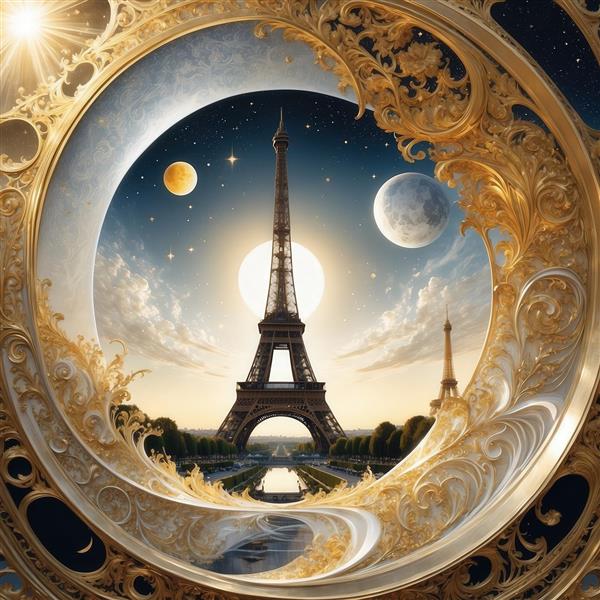 عکس برج ایفل فانتزی با ماه کامل بزرگ و قاب سفید و طلایی برای پرده