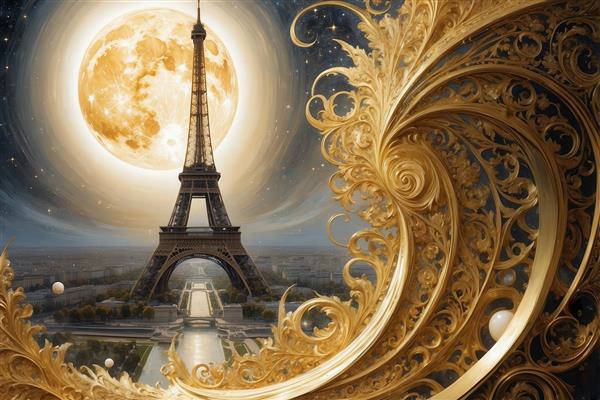 طرح برج ایفل فانتزی در قاب طلایی گرد با ماه و کره‌های کوچک برای پوستر دیواری
