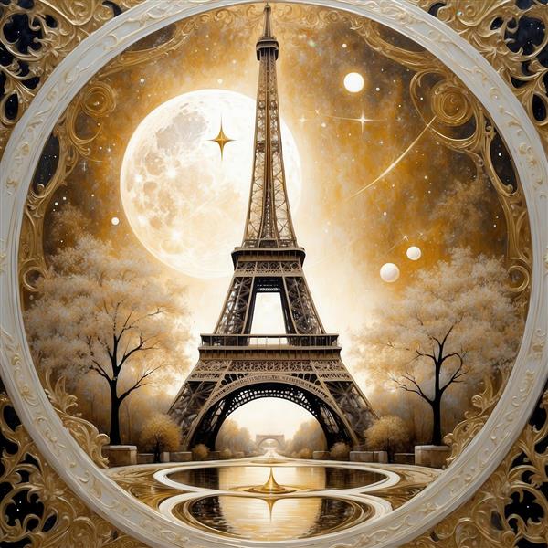 تصویر برج ایفل فانتزی با قاب طلایی پیچ در پیچ و ماه کامل برای چاپ کوسن