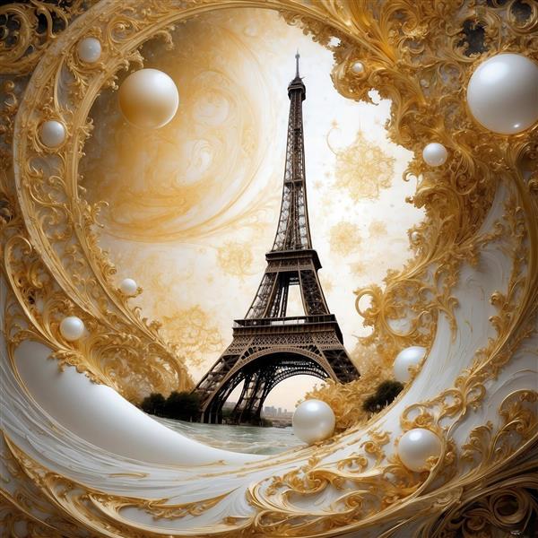عکس برج ایفل فانتزی در قاب گرد سفید و طلایی با مروارید برای تابلو دکوراتیو