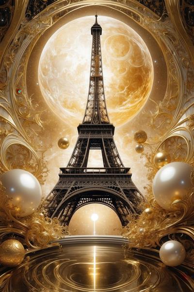 تصویر برج ایفل فانتزی با ماه طلایی و مروارید روی سکو برای چاپ روتختی