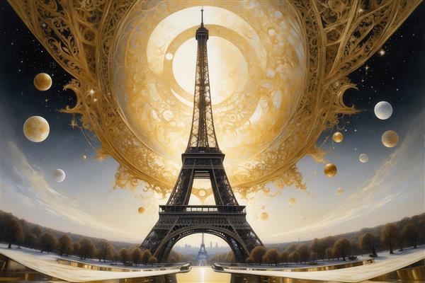طرح برج ایفل فانتزی با ماه کامل طلایی در قاب گرد بزرگ برای پوستر دیواری