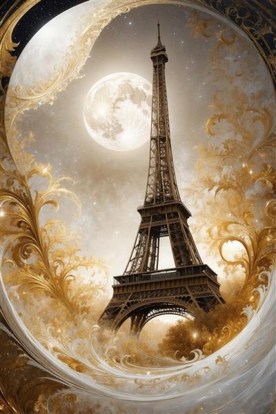 تصویر برج ایفل فانتزی در پیچ و تاب طلایی سفید با ماه بزرگ برای چاپ روتختی
